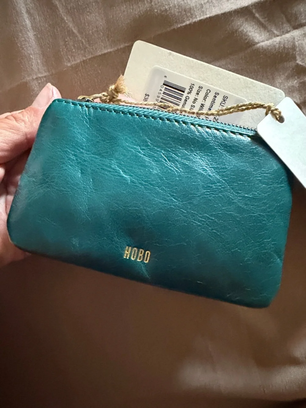 HOBO Teal Leather 'luck' Zip Pouch with Gold Script - Picture 5 of 5